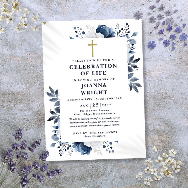 Christliche Beerdigung der Beerdigung des Lebens d Einladung (Blue Floral Christian Celebration Of Life Funeral Invitation)