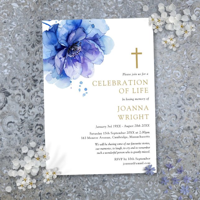 Christliche Beerdigung der Beerdigung des Lebens d Einladung (Blue Floral Christian Celebration Of Life Funeral Invitation)