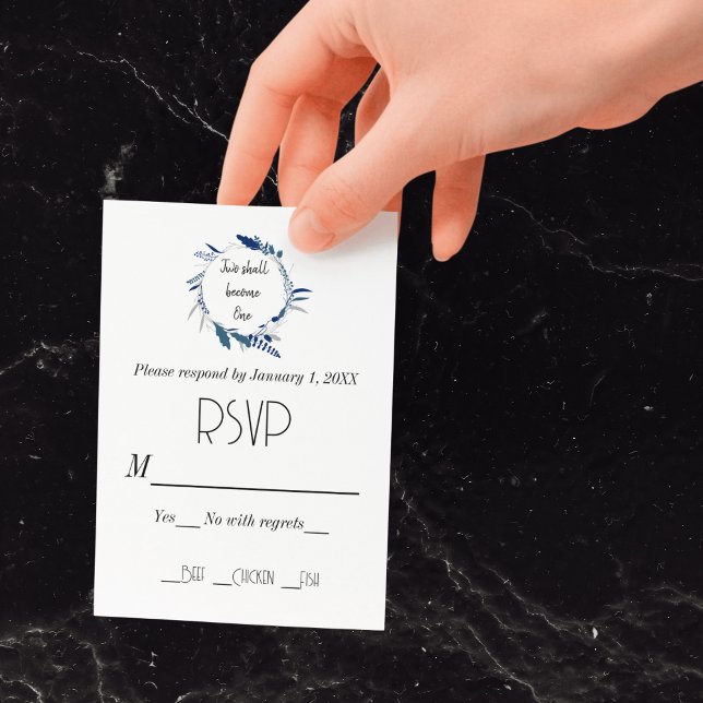 Christliche Blumen zwei werden zu einer Hochzeitsf RSVP Karte (Floral Wreath Blue Two Become One Wedding RSVP Card)