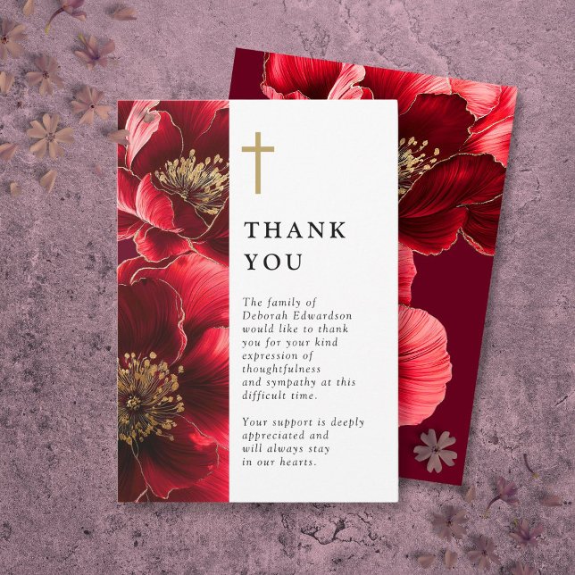 Christliche Blütenfeier Dankeskarte (Red Christian Floral Celebration Of Life Thank You Card)