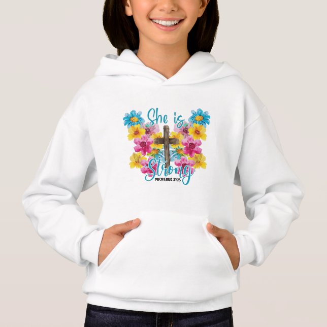 Christliche Cross Butterfly-Blume Sie ist stark Hoodie (Vorderseite)