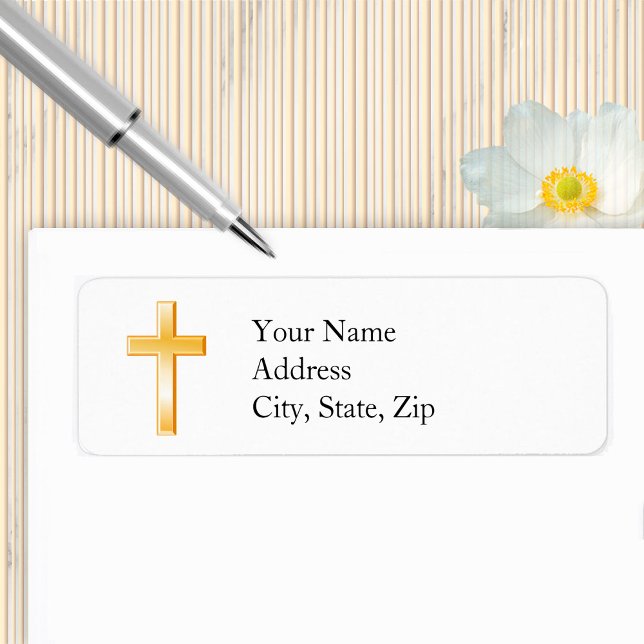 Christliche Cross Rücksendeadressen-Aufkleber (Customize your return address label with a gold Christian Cross symbol. )