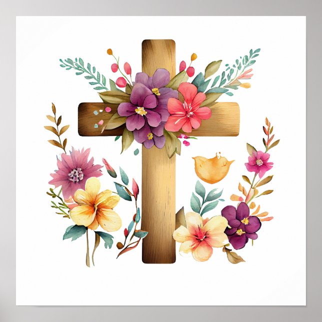 Christliche Cross & Watercolor-Blume Poster (Vorne)