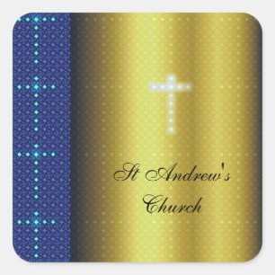 Christliche Crosses Gold und Blau Quadratischer Aufkleber