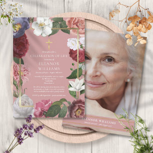 Christliche Feier des Lebens Rosa Florales Foto Einladung