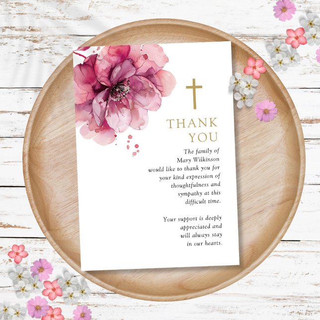 Christliche Feier zur Beerdigung des Lebens in Ros Dankeskarte (Pink Floral Christian Celebration Of Life Funeral Thank You Card)