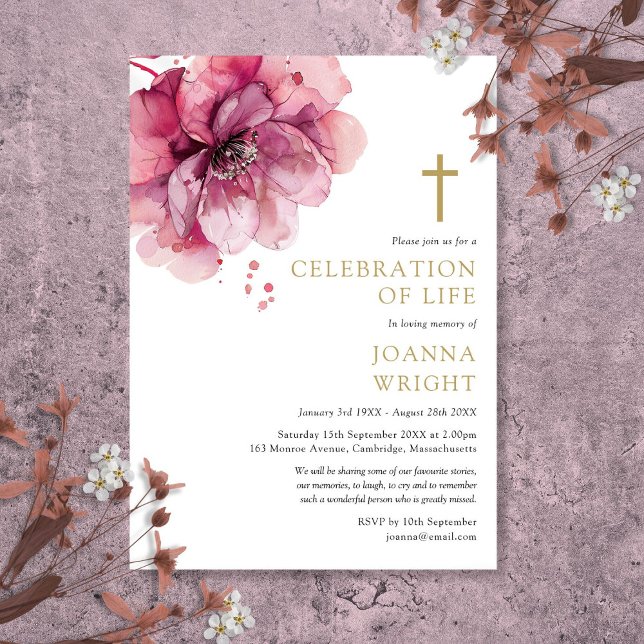Christliche Feier zur Beerdigung des Lebens in Ros Einladung (Pink Floral Christian Celebration Of Life Funeral Invitation)