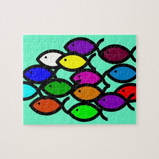 Christliche Fisch-Symbole - Regenbogen-Schule - Puzzle (Horizontal)