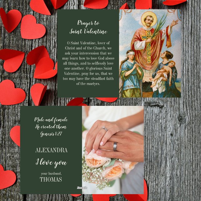 Christliche katholische Ehefrau Foto Valentinstag Feiertagskarte (Religious Christian Catholic Husband Wife Photo Valentine's Day Card with Prayer to St Valentine)