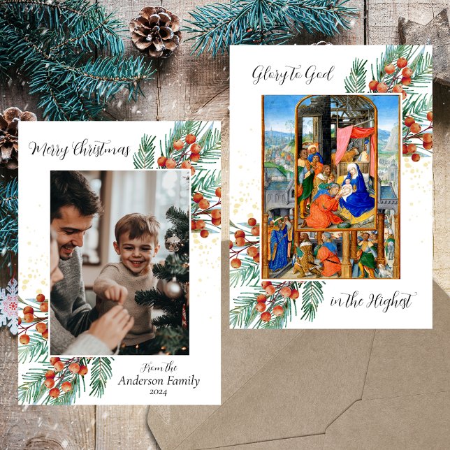 Christliche katholische Krippe Foto Weihnachten (Medieval Religious Christian Catholic Merry Christmas Epiphany Green Holly Photo Holiday Card)