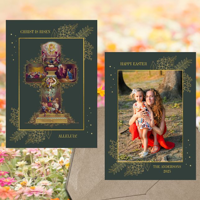 Christliche Kreuzerholung Familie Foto Ostern Feiertagskarte (Religious Christian Catholic Easter Floral Cross Jesus Christ Resurrection Family Photo Holiday Card)
