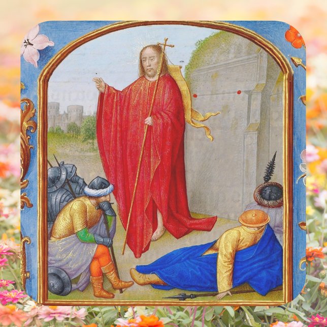 Christliche mittelalterliche Auferstehung Jesu Ost Quadratischer Aufkleber (Religious Christian Catholic Medieval Resurrection of Jesus Christ is Risen Easter Square Sticker)