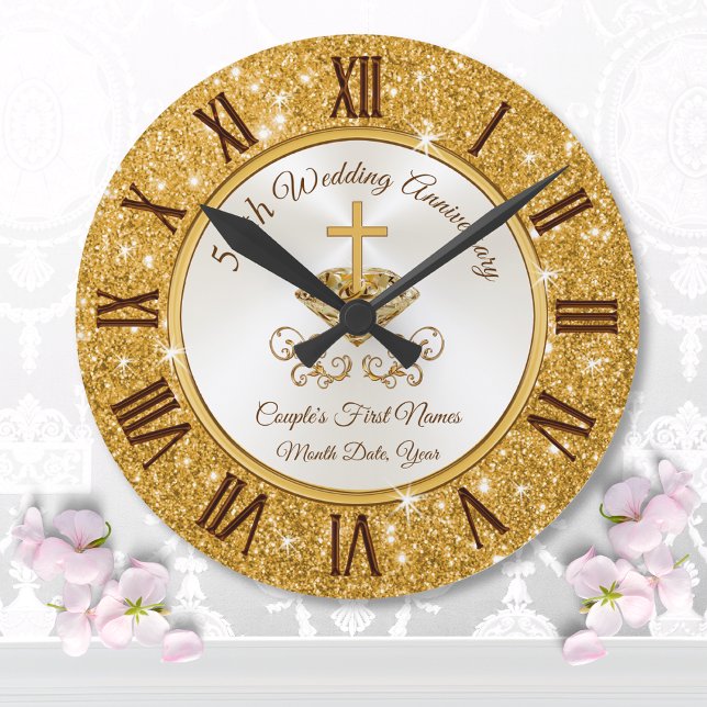 Christliche Personalisierte Geschenke zum Goldenen Große Wanduhr (50th anniversary clock. 50 year wedding anniversary presents for parents. Golden anniversary gifts. )