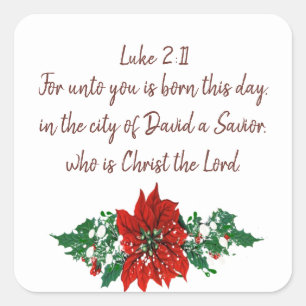 Christliche Schrift Luke 2:11 Pointsettia Holly Quadratischer Aufkleber