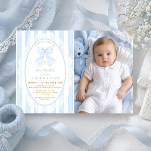 Christliche Taufe eines Jungen Blaues Band Foto Einladung
