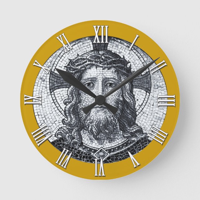 Christliche Uhr, Jesus Christus, Vintages Mosaik Runde Wanduhr (Vorderseite)
