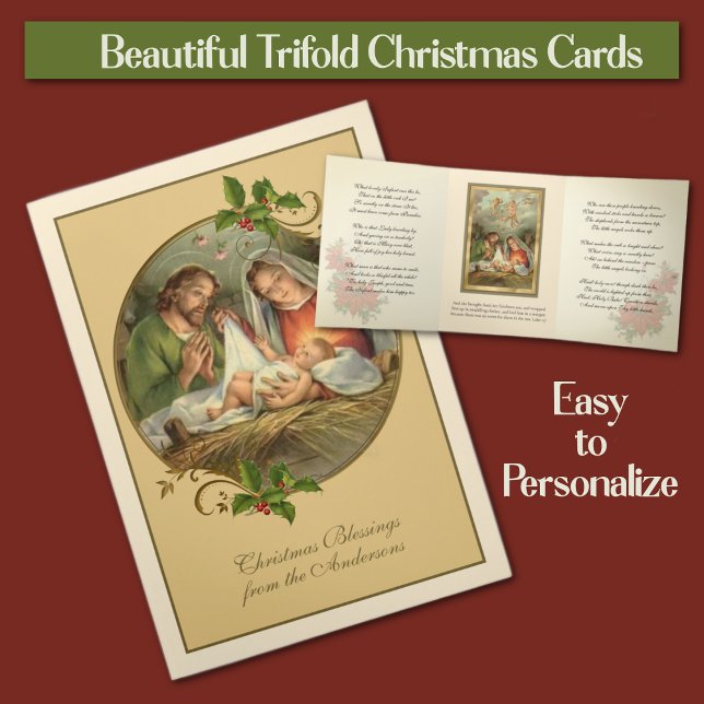Christliche Weihnachten Jesus Jungfrau Mary St Jos Dreifach Gefaltete Urlaubskarte (Traditional Religious Trifold Christmas Cards - Easy to personalize!)