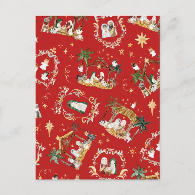 Christliche Weihnachtsgebirgskrippe Rot Feiertagspostkarte (Vorderseite)