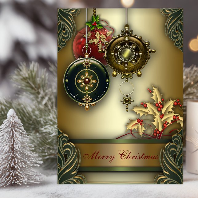 Christliche Weihnachtskarten Feiertagskarte (Christian Christmas card with elegant ornaments and holly with scripture verses.)