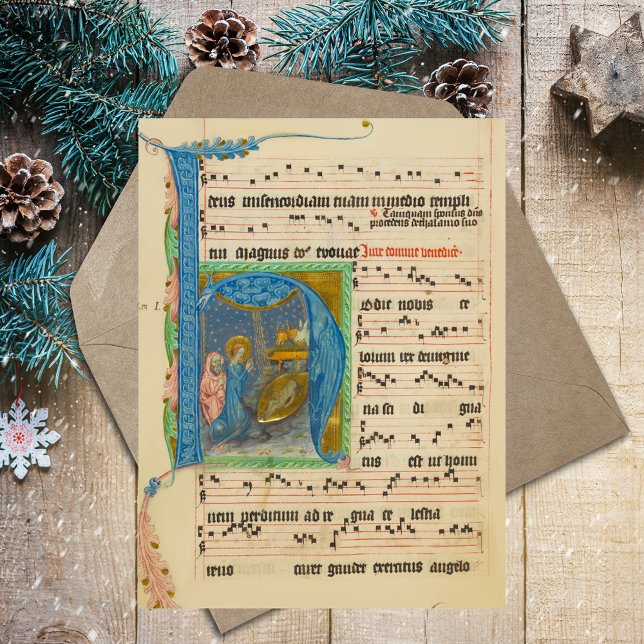 Christliche Weihnachtskrippe Gregorianisches Mitte Postkarte (Christmas Medieval Gregorian Chant Manuscript Catholic Christian Postcard)