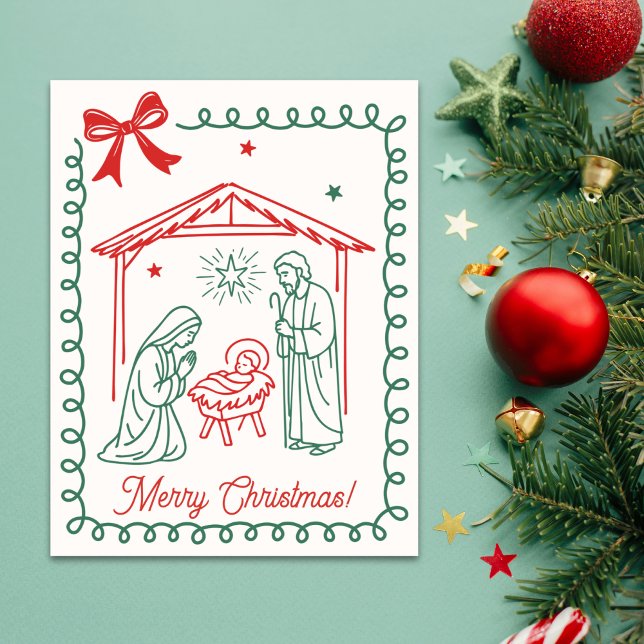 Christliche Weihnachtskrippe Religiöses Weihnachte Feiertagskarte (A simple, faith-forward Christmas design featuring red & green line-art of the nativity scene)