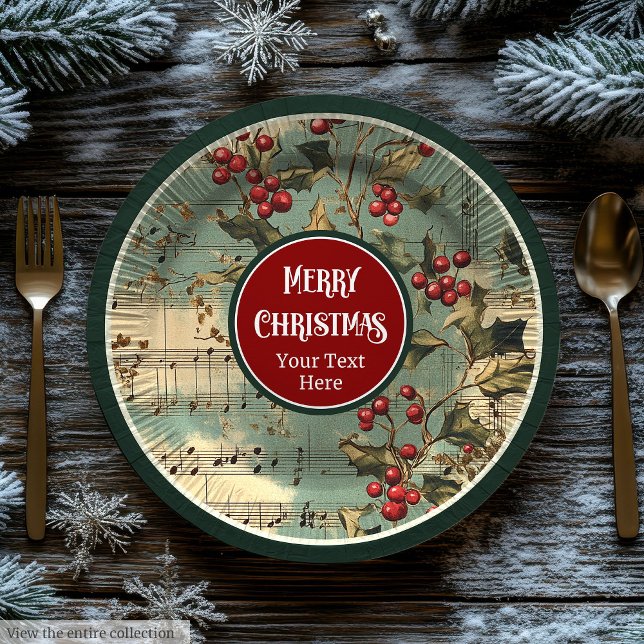 Christliche Weihnachtslieder Heilige Beeren Pappteller (Artistic vintage Christmas carols holly berries Paper Plates)