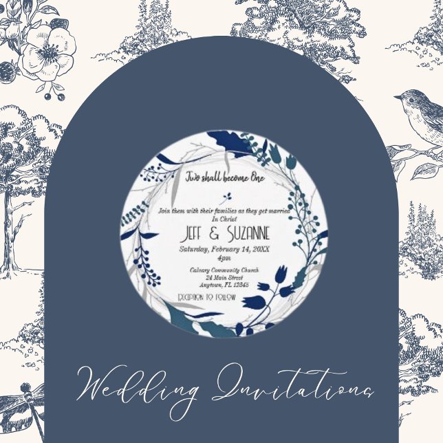 Christlicher blauer Blumenreath Two wird zu einem Einladung (Christian Blue Floral Wreath Two Become One Wedding Invitations)