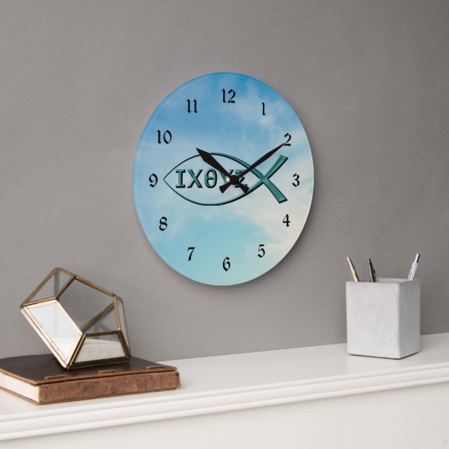 Christlicher Fisch - Jesusfisch Große Wanduhr (Büro)
