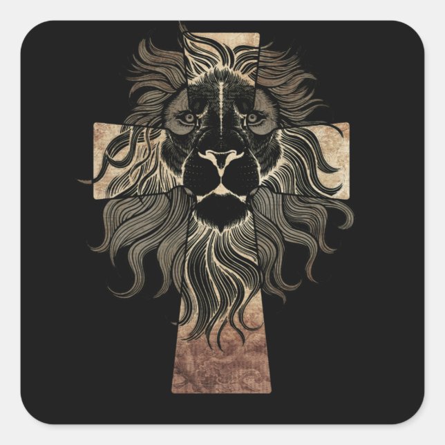 Christlicher Jesus Lion des Stammes Judah Cross Quadratischer Aufkleber (Vorderseite)