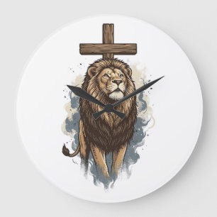 Christlicher Löwe und Kreuz Vintage Große Wanduhr