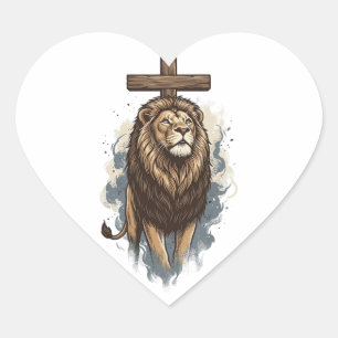 Christlicher Löwe und Kreuz Vintage Herz-Aufkleber