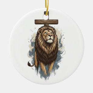 Christlicher Löwe und Kreuz Vintage Keramik Ornament