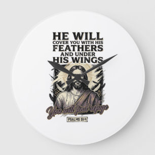 Christlicher Psalm 91_4 Jesus Vintage Gravur Shirt Große Wanduhr
