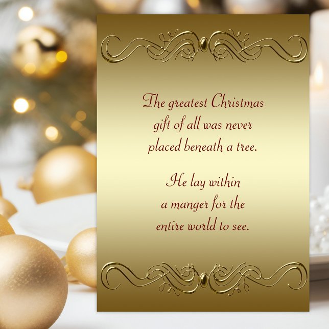 Christlicher Weihnachtsfeiertag Feiertagskarte (Religious Christmas card with elegant gold swirls and scriptures.)