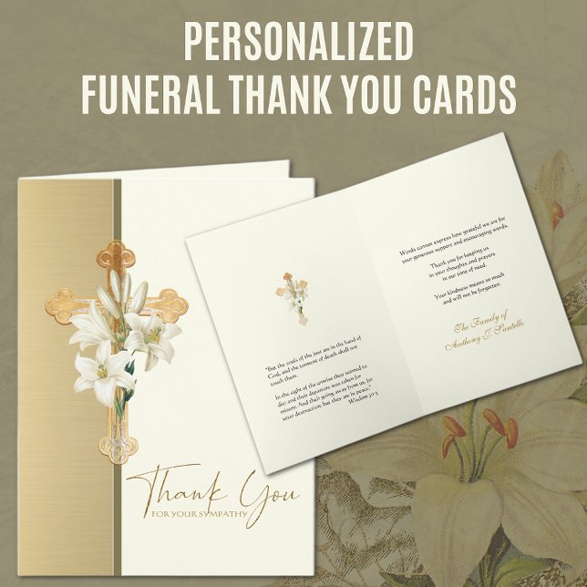 Christliches Beileid Danke, dass Sie Cross Lilies Dankeskarte (Personalized Funeral Thank You Cards with Gold Cross, Lily and Scripture Verse)