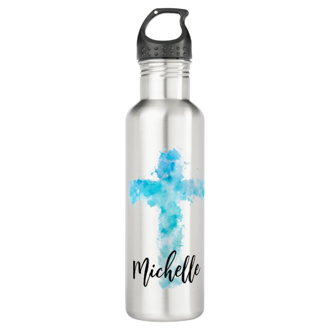 Christliches blaues Wasserfarbkreuz Edelstahlflasche (Vorderseite)