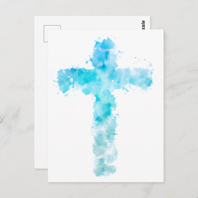 Christliches blaues Wasserfarbkreuz Postkarte (Vorne/Hinten)
