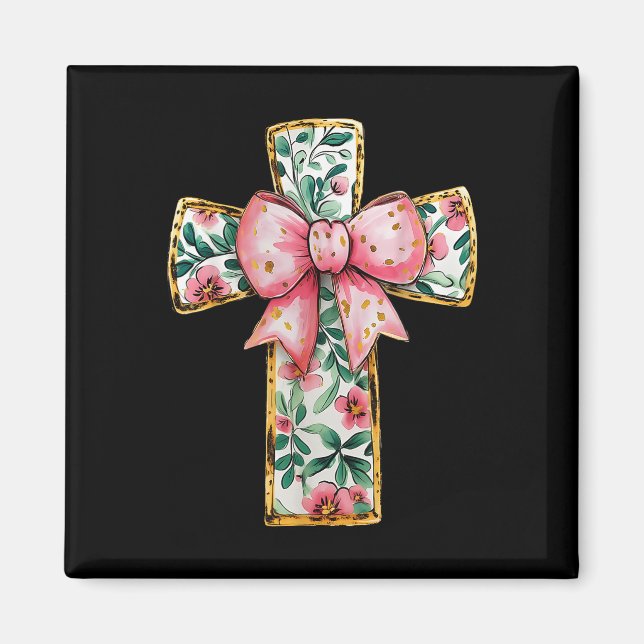 Christliches Blumenkochett Bow Pink Religiös Magnet (Vorne)