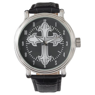 Christliches Cross Fleury Silver auf Black Armbanduhr