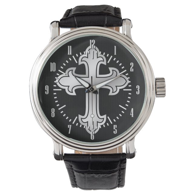 Christliches Cross Fleury Silver auf Black Armbanduhr (Vorderseite)