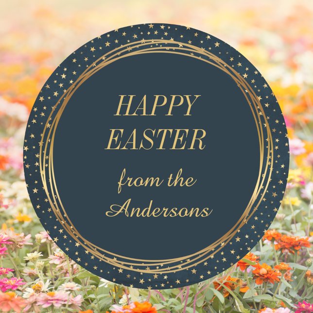 Christliches elegantes Gold Star Custom Happy East Runder Aufkleber (Religious Christian Catholic Elegant Gold Star Pattern Custom Happy Easter Classic Round Sticker)