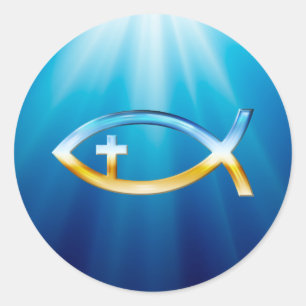 Christliches Fisch-Symbol mit Kruzifix - Himmel u. Runder Aufkleber