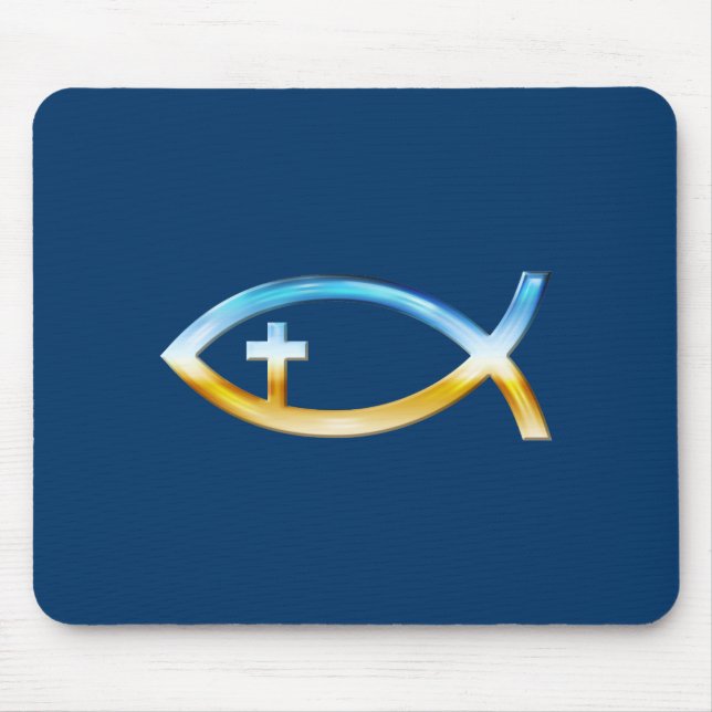 Christliches Fischsymbol mit Crucifix - Sky & Grou Mousepad (Vorne)