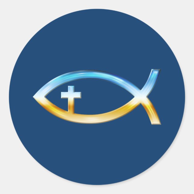 Christliches Fischsymbol mit Crucifix - Sky & Grou Runder Aufkleber (Vorderseite)