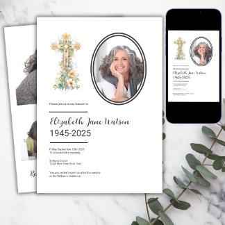 Christliches Foto zur Beerdigung durch Blumenkreuz Einladung