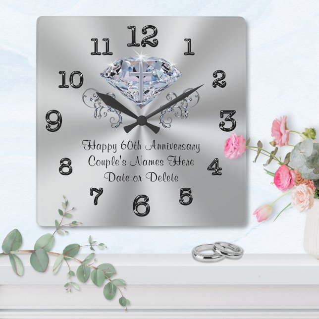 Christliches Geschenk zum sechzigsten Hochzeitstag Quadratische Wanduhr (60th Anniversary Gift Ideas for Parents, Grandparents, Friends and Family. Custom, Diamond Clock. )