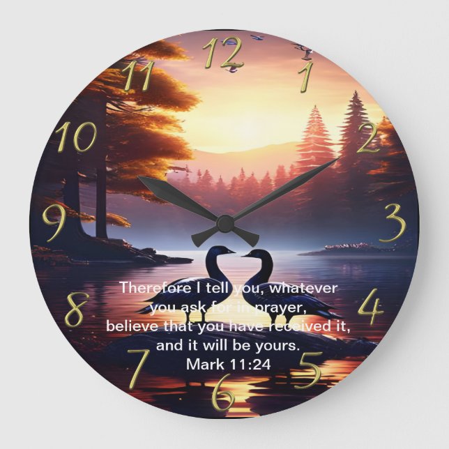 Christliches Glaubenskreuz mit Mark 11:24 Große Wanduhr (Vorderseite)