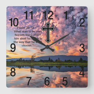 Christliches Glaubenskreuz mit Psalm 25:12 Quadratische Wanduhr