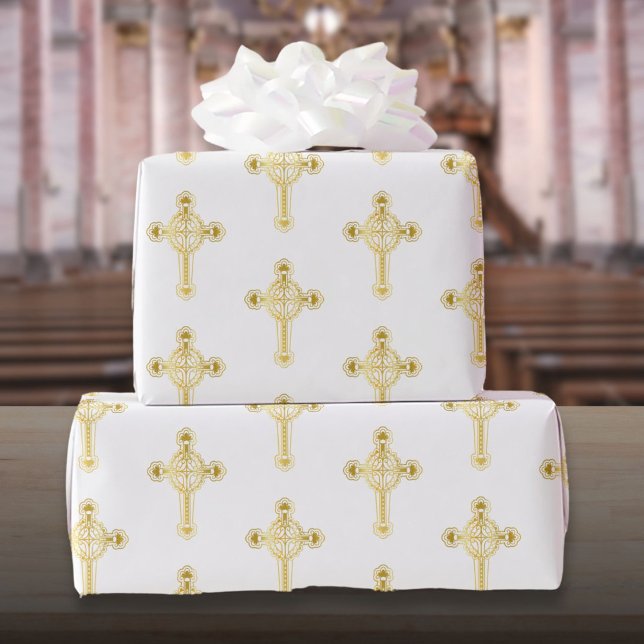 Christliches Gold Cross Taufen Christening Kommuni Geschenkpapier (Christian Gold Cross Baptism Christening Communion Wrapping Paper)