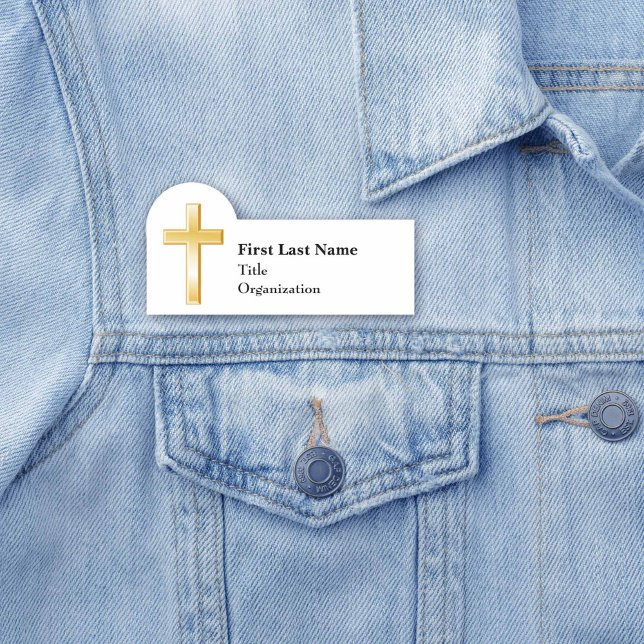 Christliches Goldkreuz, 3 Zoll x 1,5 Zoll geformt Namensschild (Personalize with your custom text, 3" x 1.5" shaped plastic name tag )